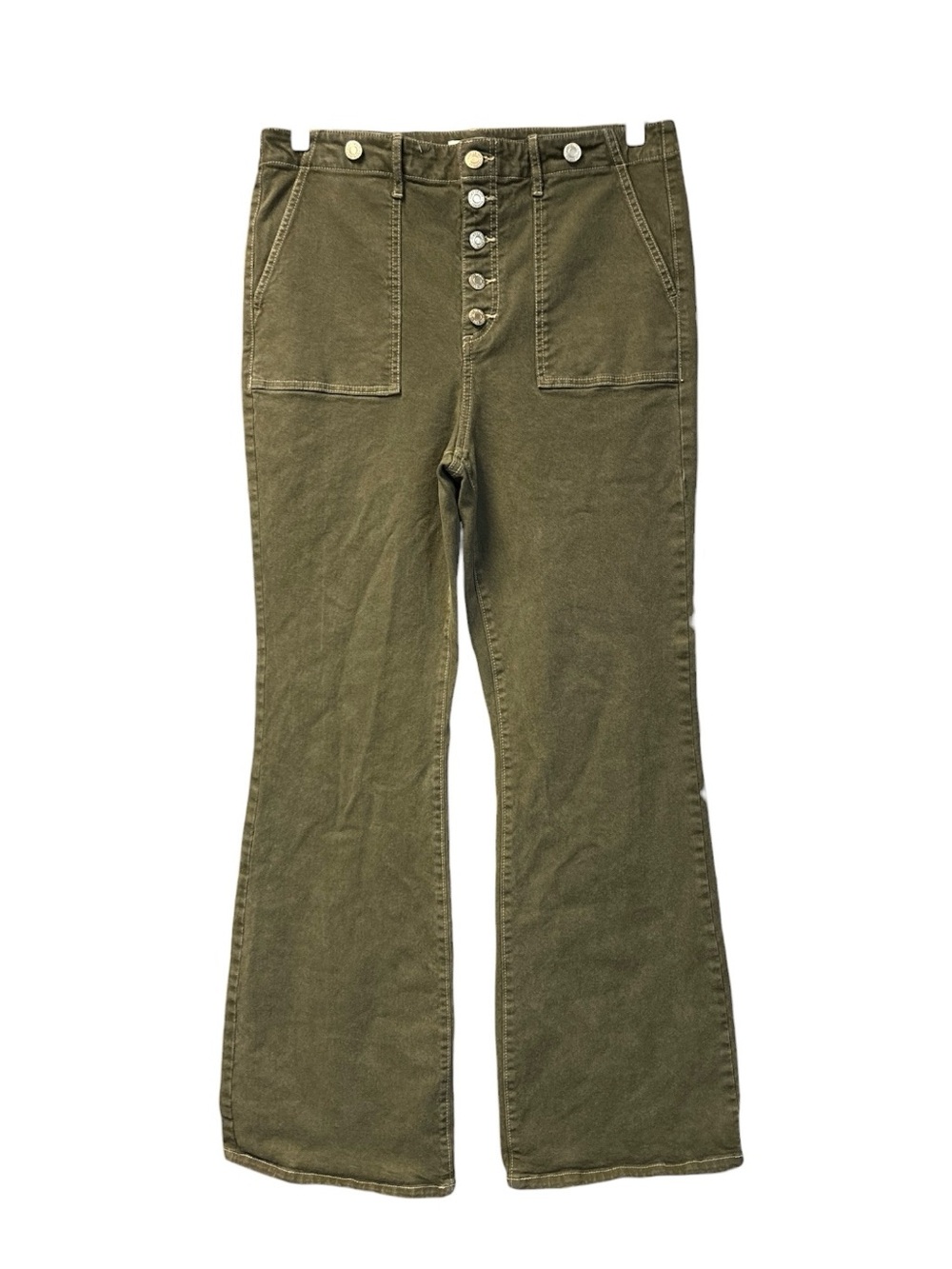 LOFT Made and Loved Slim Flare High-Rise Olive Button Fly Utility Pants Size 10